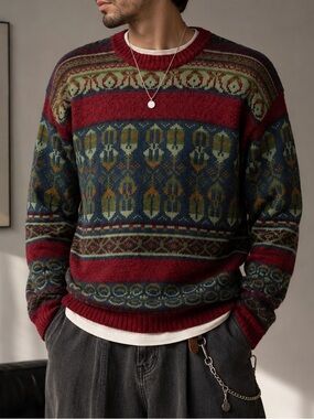 Jamie Watson Scotland Lambswool Crew Neck Red Blue Green Sweater US XL